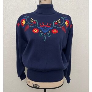 Vintage Obermeyer Embroidered Ski Turtleneck Sweater Navy Blue Alpine Knit Small